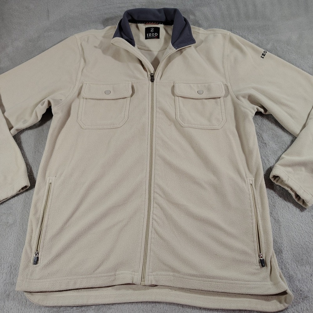 IZOD PerformX Fleece Jacket Men M Beige Full Zip Outdoor Hiking Soft Pockets